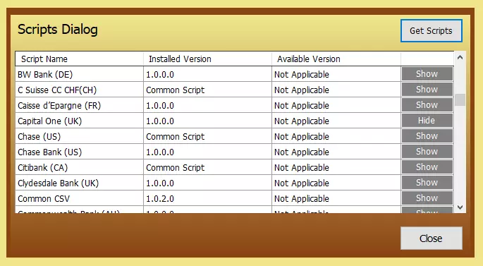 iCreateOFX Basic Scripts dialog