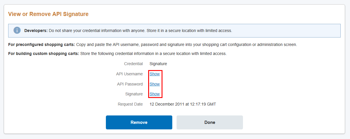 Paypal show API credentials